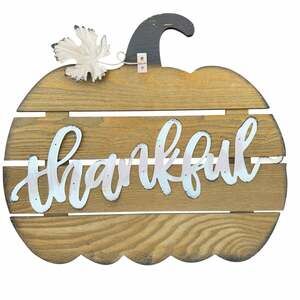 Wooden Pumpkin Metal Thankful Wall Hanging Rustic Wood Slats Cursive Script